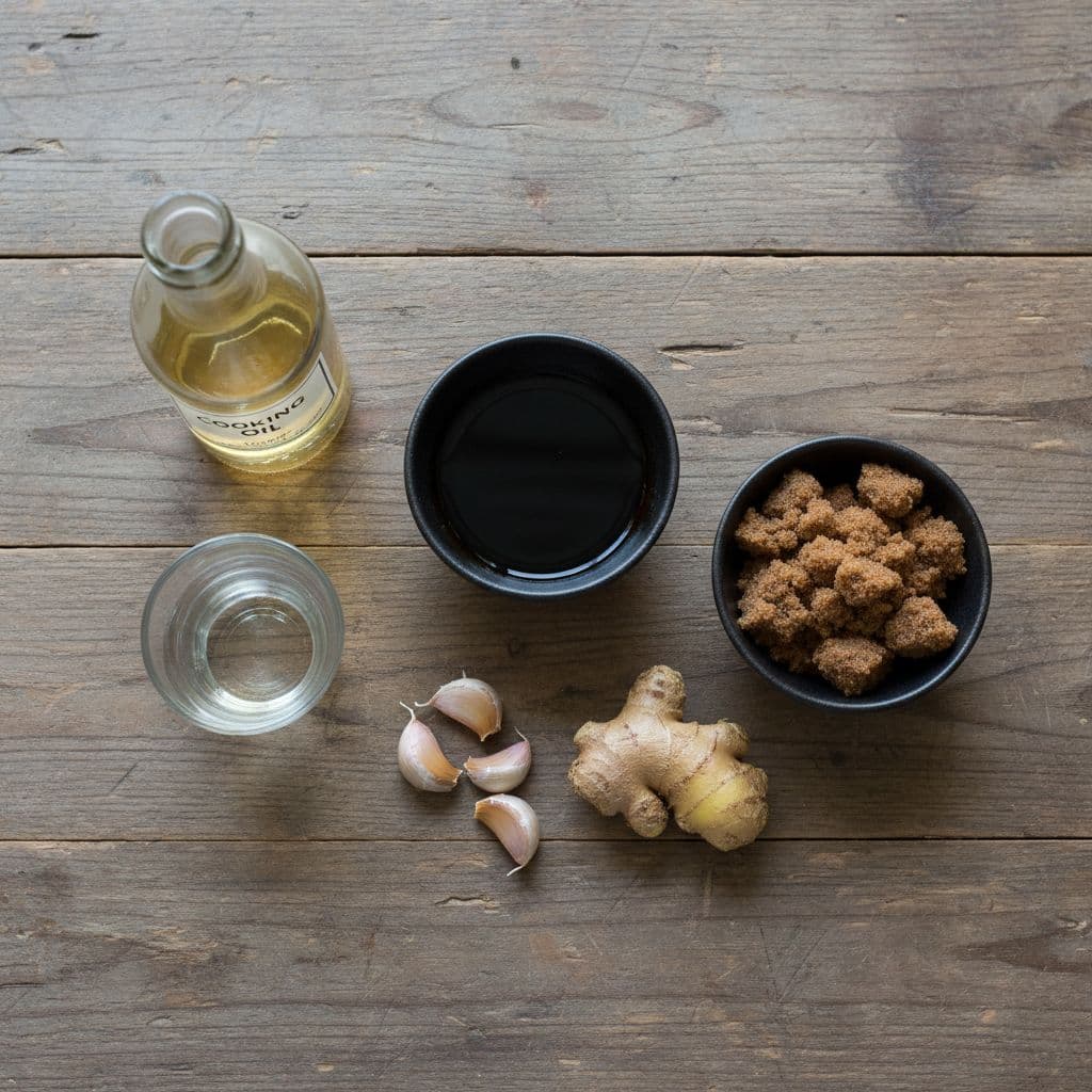 Top-down view of teriyaki ingredients on rustic wooden kitchen counter: soy sauce, brown sugar, garlic, ginger, oil, and rice vinegar.