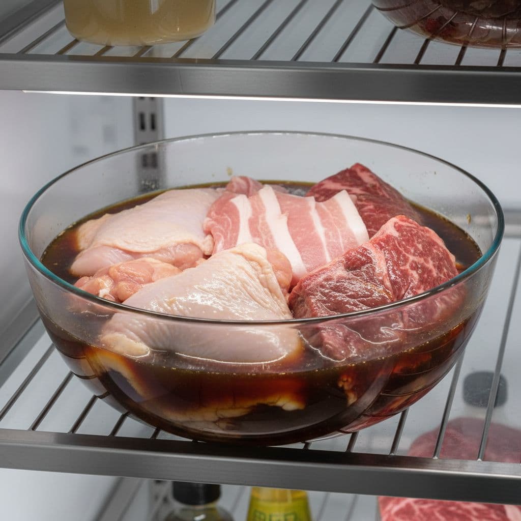 Clear glass bowl holds raw chicken thighs, pork, and steak soaking in dark brown teriyaki marinade inside a refrigerator.