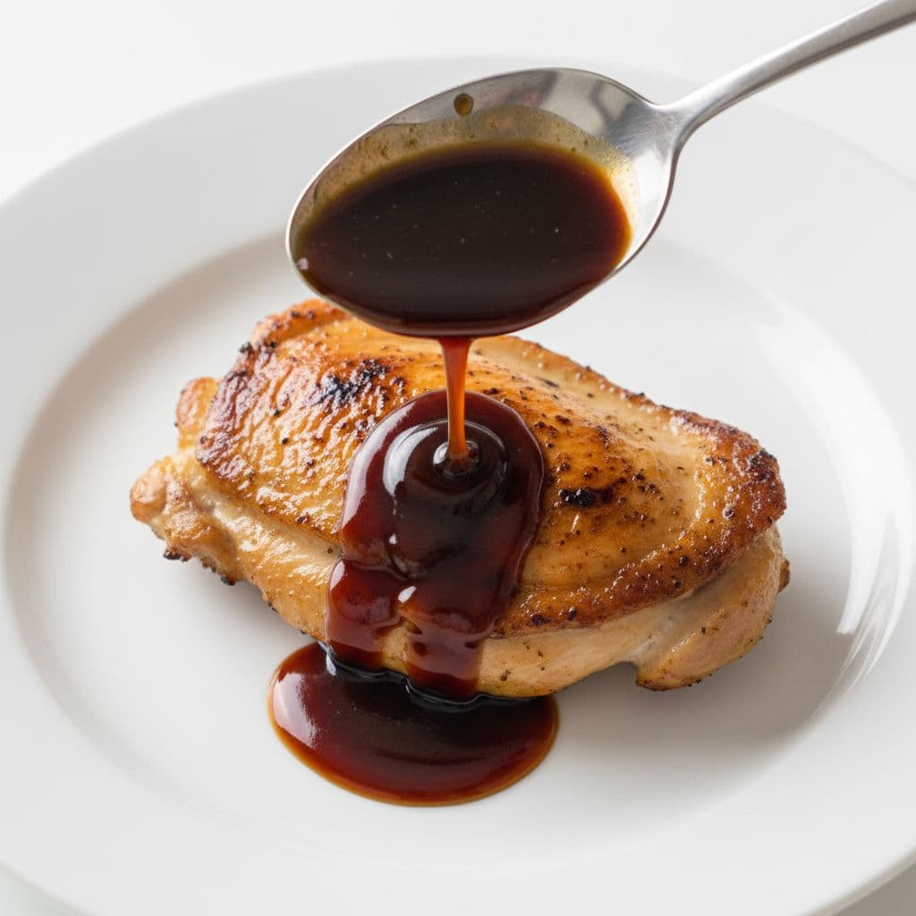 Spoon drizzles thick, glossy teriyaki sauce over grilled chicken thighs on white plate.
