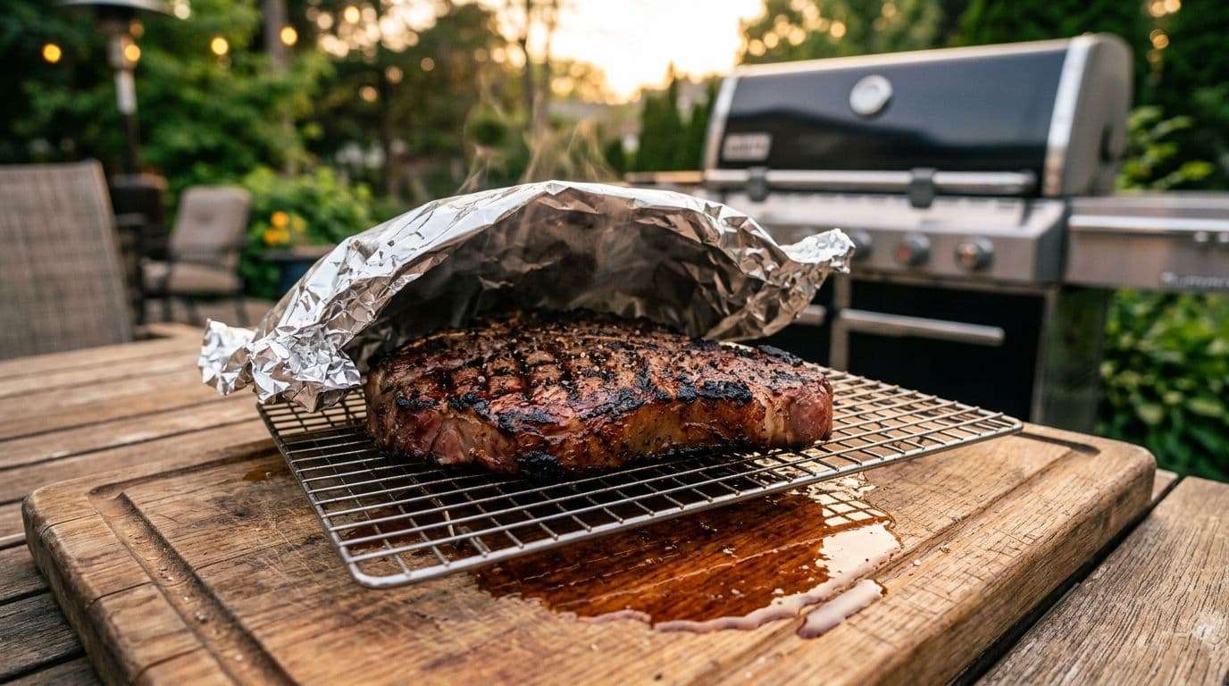 Thick grilled steak resting on a wire rack over a cutting board with a foil tent loosely over it, juices collecting below, and an outdoor grill in soft focus background under warm evening light.