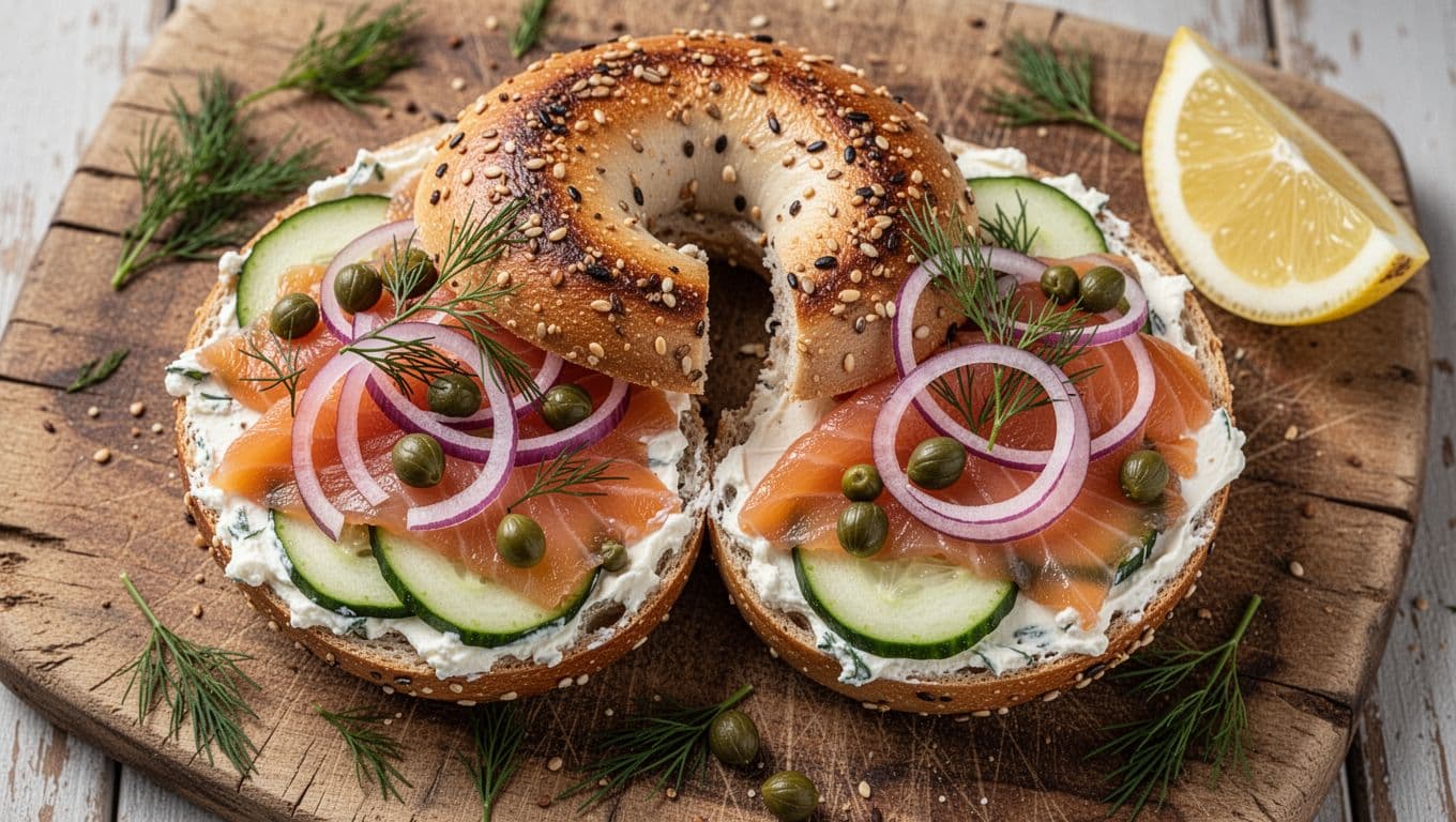 Top view of a halved toasted everything bagel spread thick with whipped cream cheese, layered with smoked salmon slices, capers, red onion rings, dill sprigs, cucumber slices on a rustic wooden board with a lemon wedge.