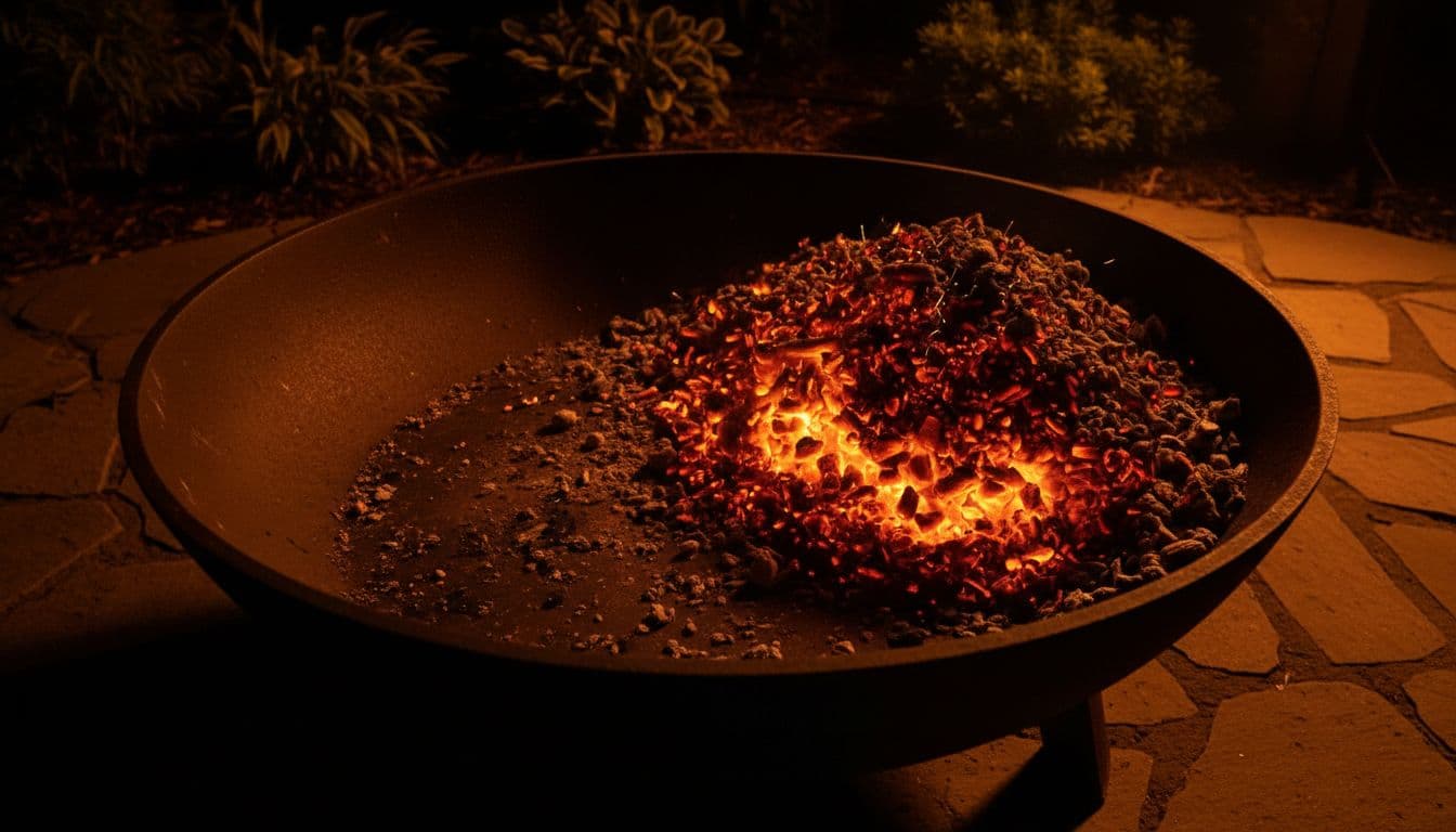 Fire pit with glowing red-orange embers divided into piled high hot zone and sparser cool zone, top-down nighttime backyard view with dramatic warm lighting.
