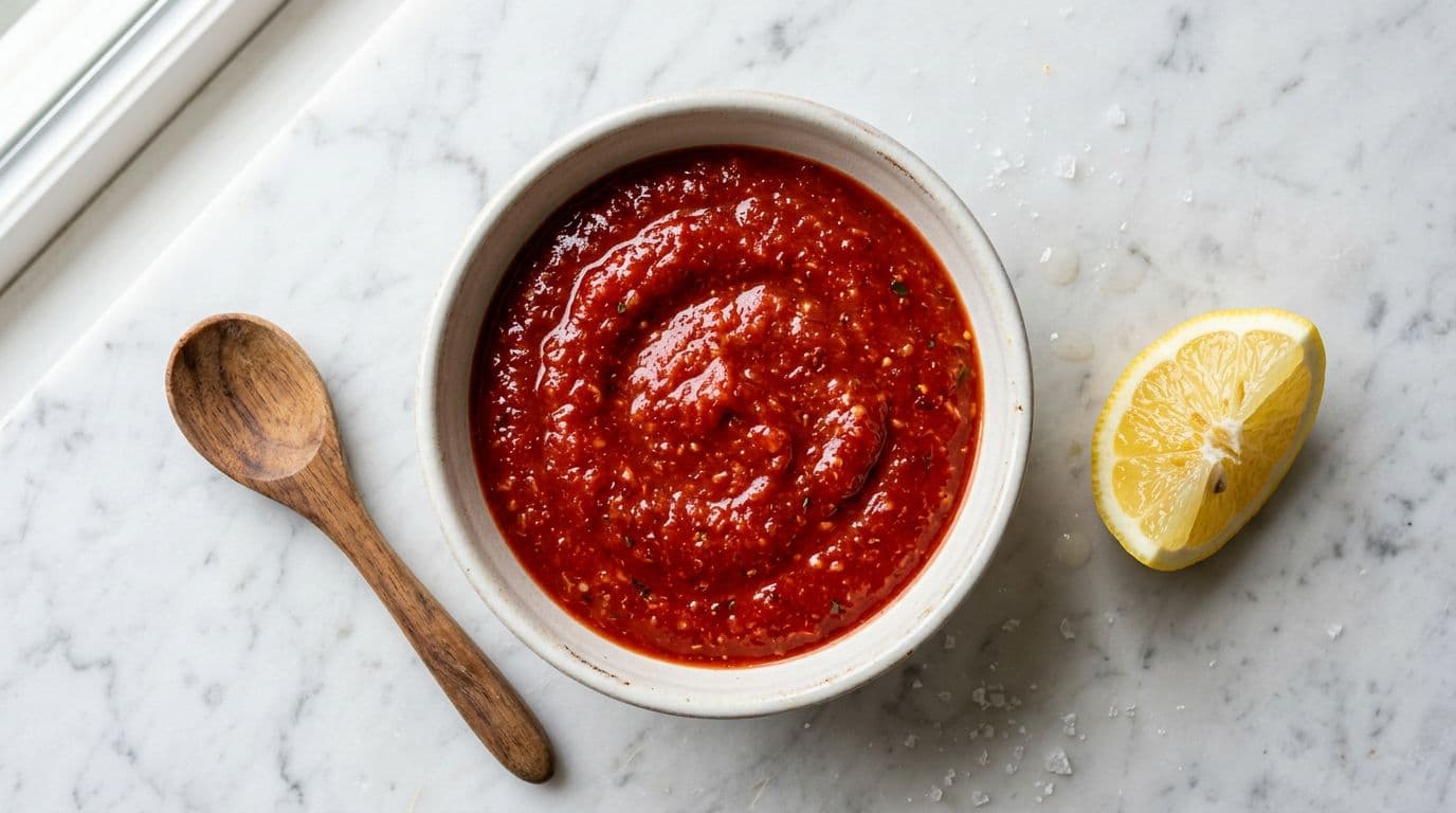 Bowl of vibrant red cocktail sauce on a white marble kitchen counter, with a wooden spoon resting beside it and a fresh lemon wedge nearby, captured in top-down close-up with bright natural daylight.