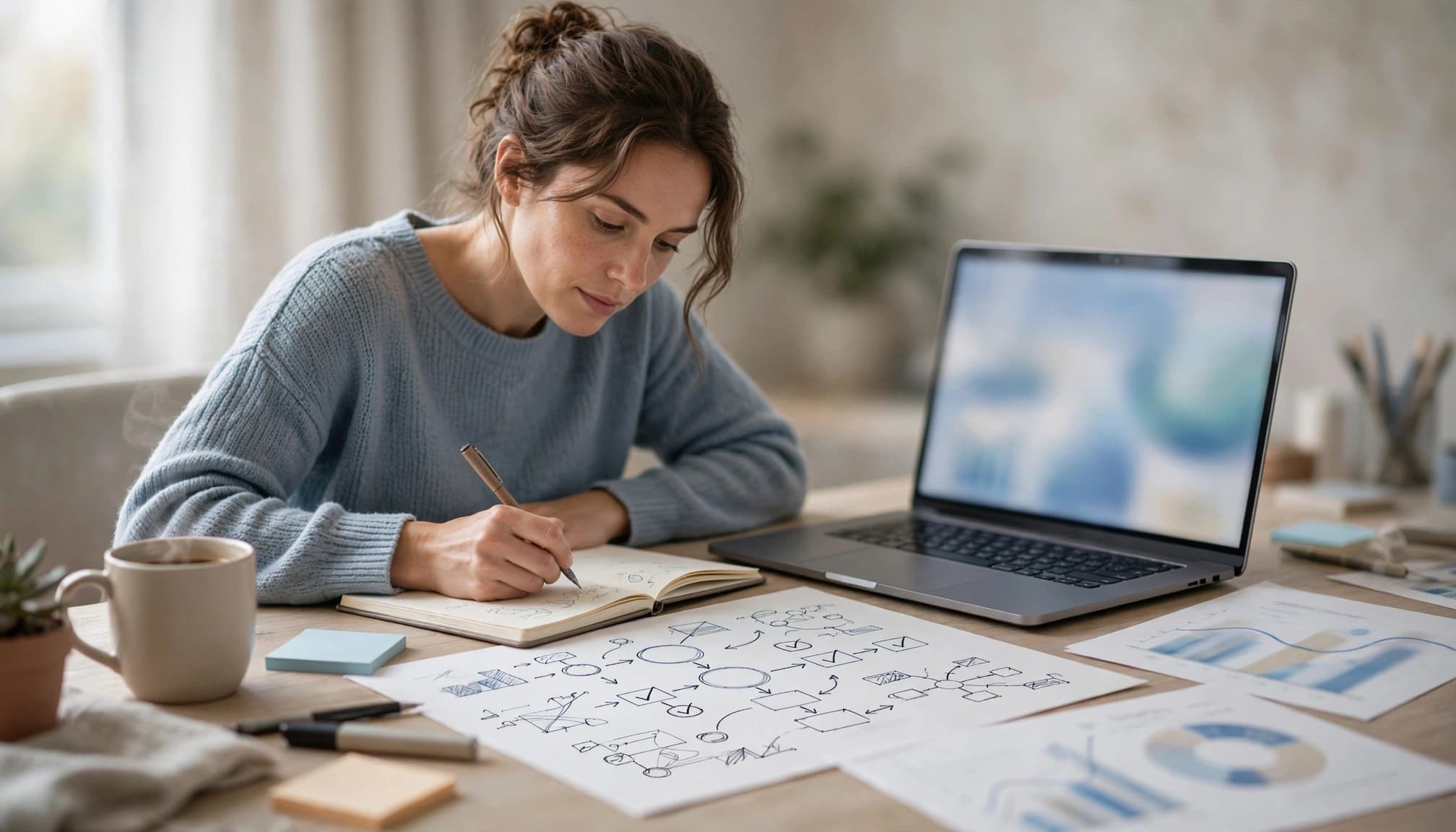 An SEO specialist reviews analytics on a laptop beside a notebook and charts.