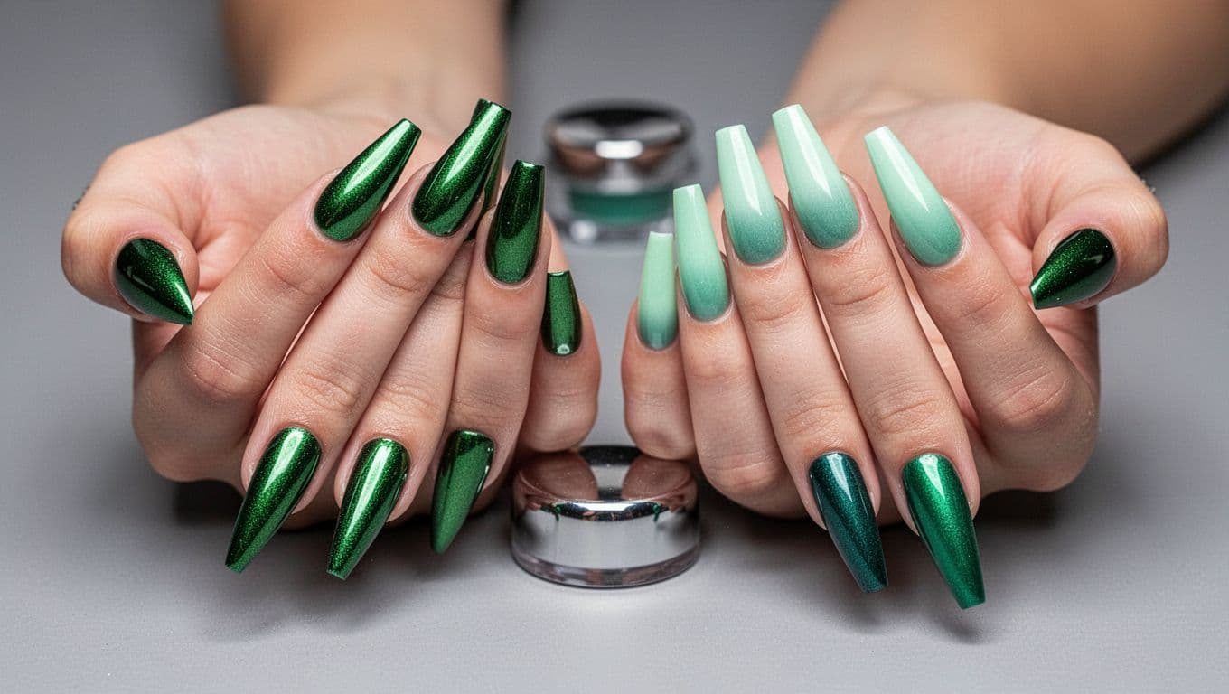 Photorealistic close-up of two women's hands, one with short stiletto nails in green chrome finish, the other with long coffin nails showing aura nails fading from mint to emerald green. Neutral gray background with blurred chrome powder pot, soft studio lighting.