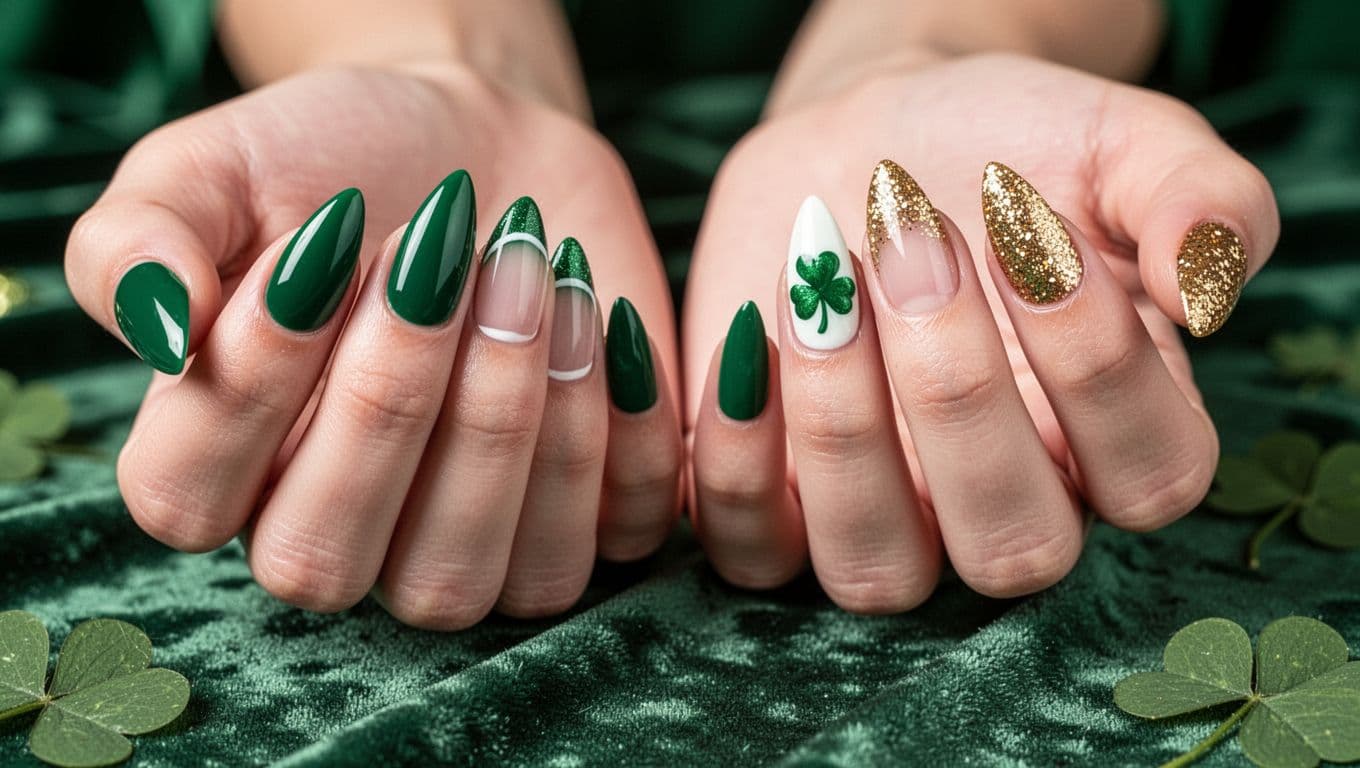 Close-up of women's hands showcasing a variety of St. Patrick's Day nail designs on medium-length almond-shaped nails, including solid emerald green, green French tips, shamrock accents, and gold glitter gradients, set against a softly blurred green velvet background with scattered shamrocks.