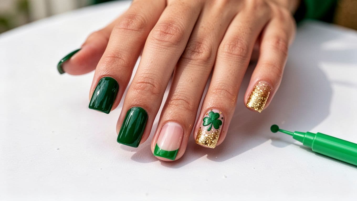 Close-up of a woman's hand displaying easy St. Patrick's Day nail art: emerald green solid, green French tips, shamrock dot accent, gold glitter gradient on medium square nails, against a plain white background.