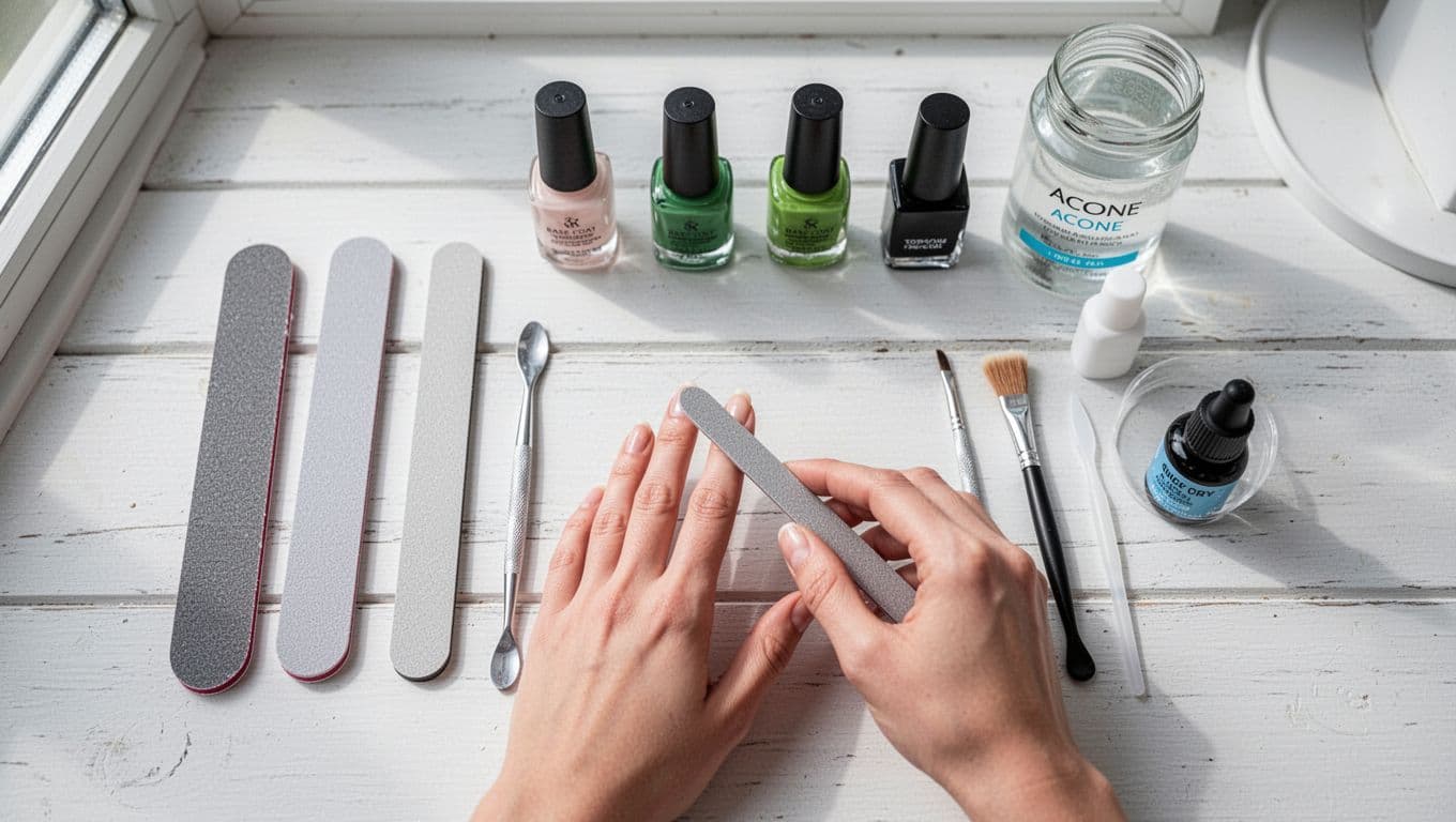 Top-down view of a clean nail prep station on a white wooden table with nail tools, green polish bottles, and one hand gently shaping a nail with a file. Organized and tidy setup in bright natural light, photorealistic high detail.