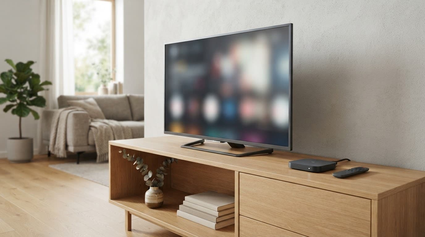 Android TV with a remote and streaming device on a wooden console.