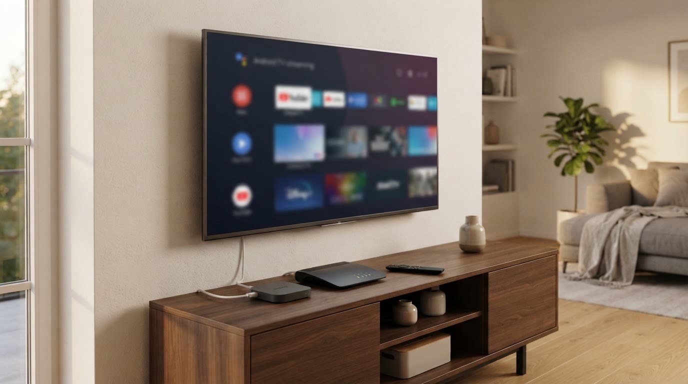 A TV, router, Ethernet cable, and remote on a living room cabinet.
