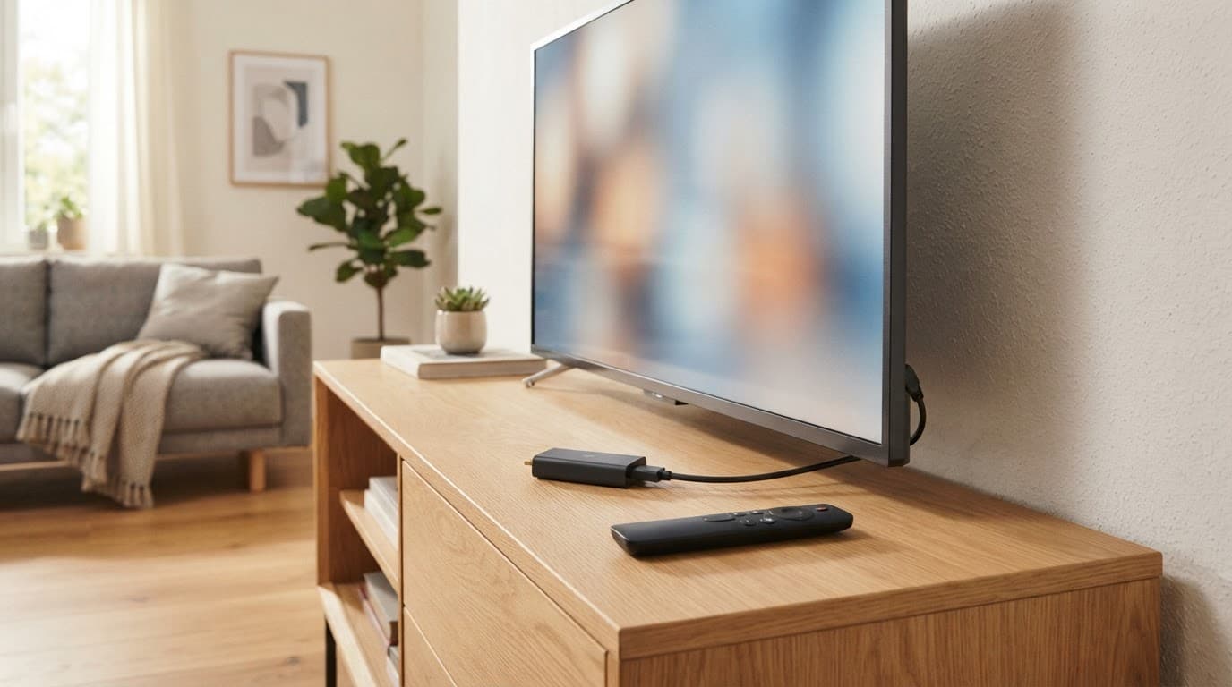 A television, streaming stick, and remote on a neat living-room cabinet.