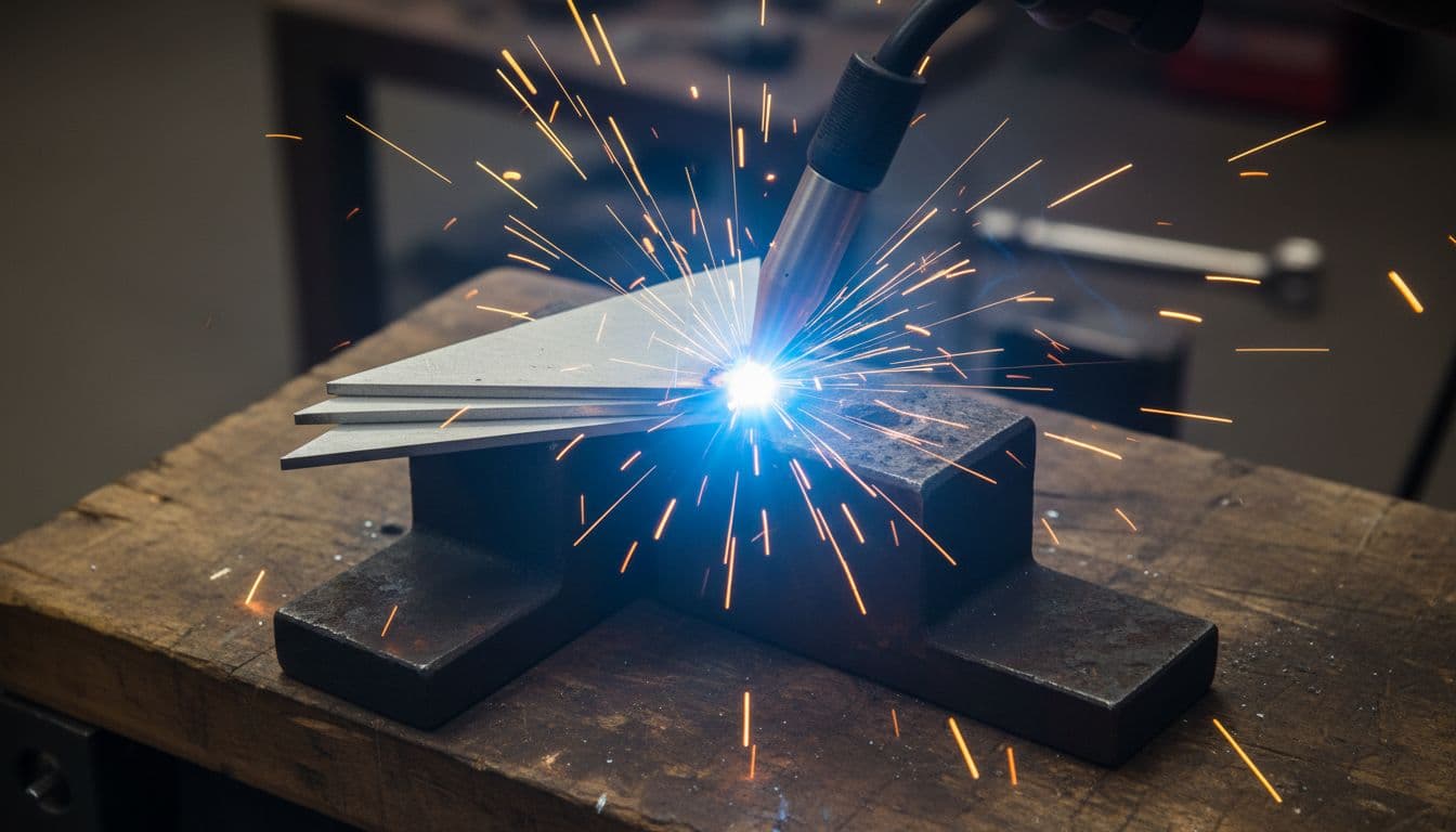 Overhead view of a TIG welding torch executing a precise outside corner weld on stacked thin aluminum triangular pieces, with a bright stable arc, small focused molten puddle, and flying sparks in a workshop bench setting.