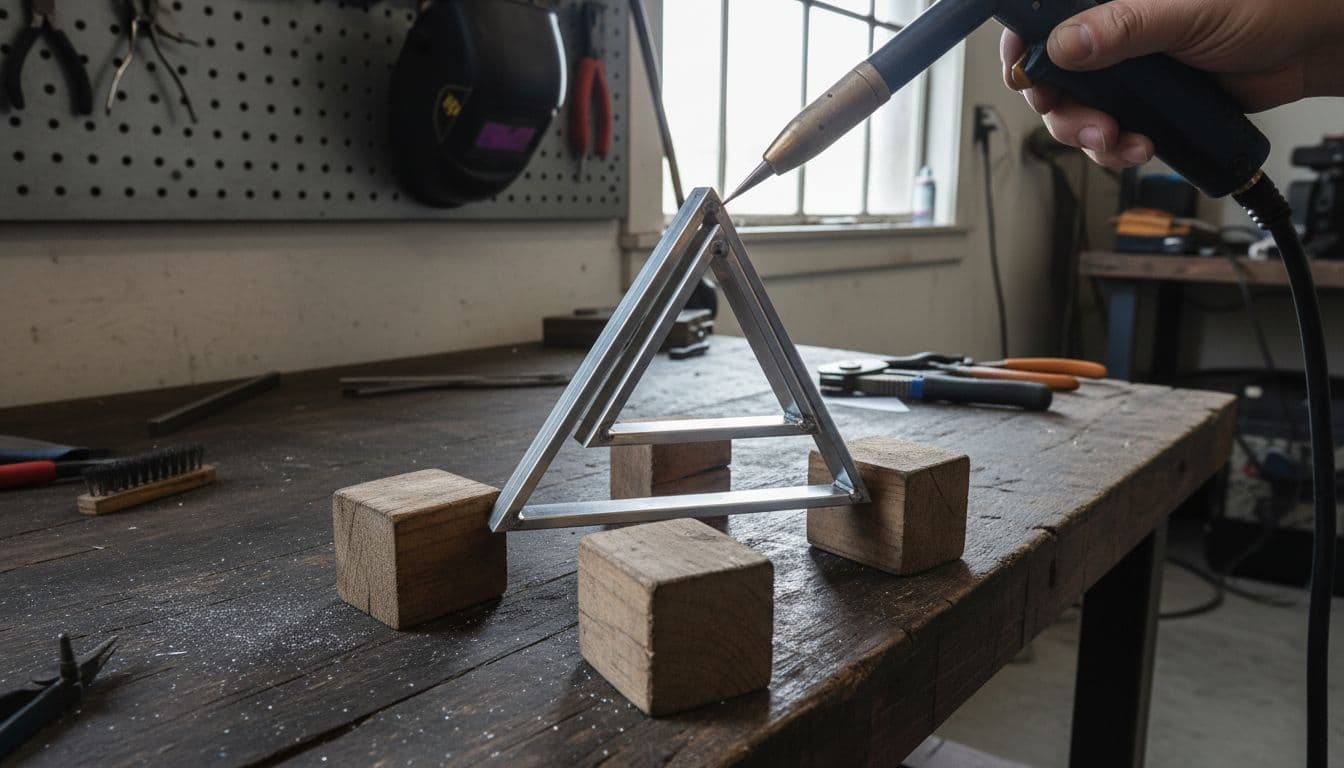 Small wooden prop blocks elevate a thin aluminum TIG welding project of stacked triangles on a workbench, ensuring stable positioning for optimal torch and filler rod angles in a photorealistic workshop setting.