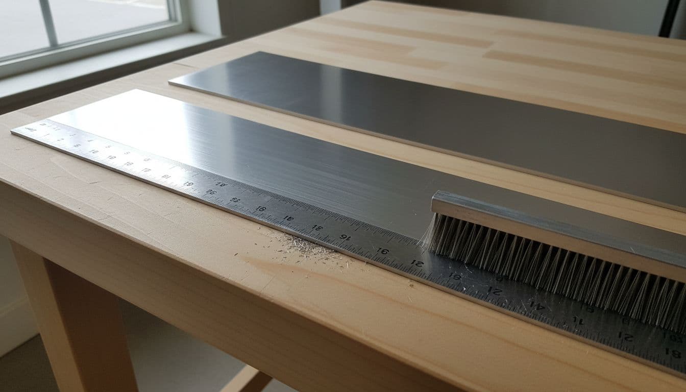 Two aluminum sheets laid on a clean workbench, featuring straight wire brush strokes in one direction guided by a metal ruler for smooth, detailed edges without rough areas.