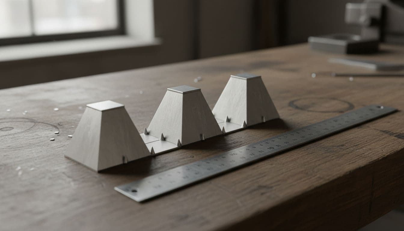 Three small aluminum pyramid-like pieces are lightly tacked at corners only with small clean tacks, forming a straight aligned base ready for TIG welding, with a ruler nearby checking alignment on a workshop workbench.