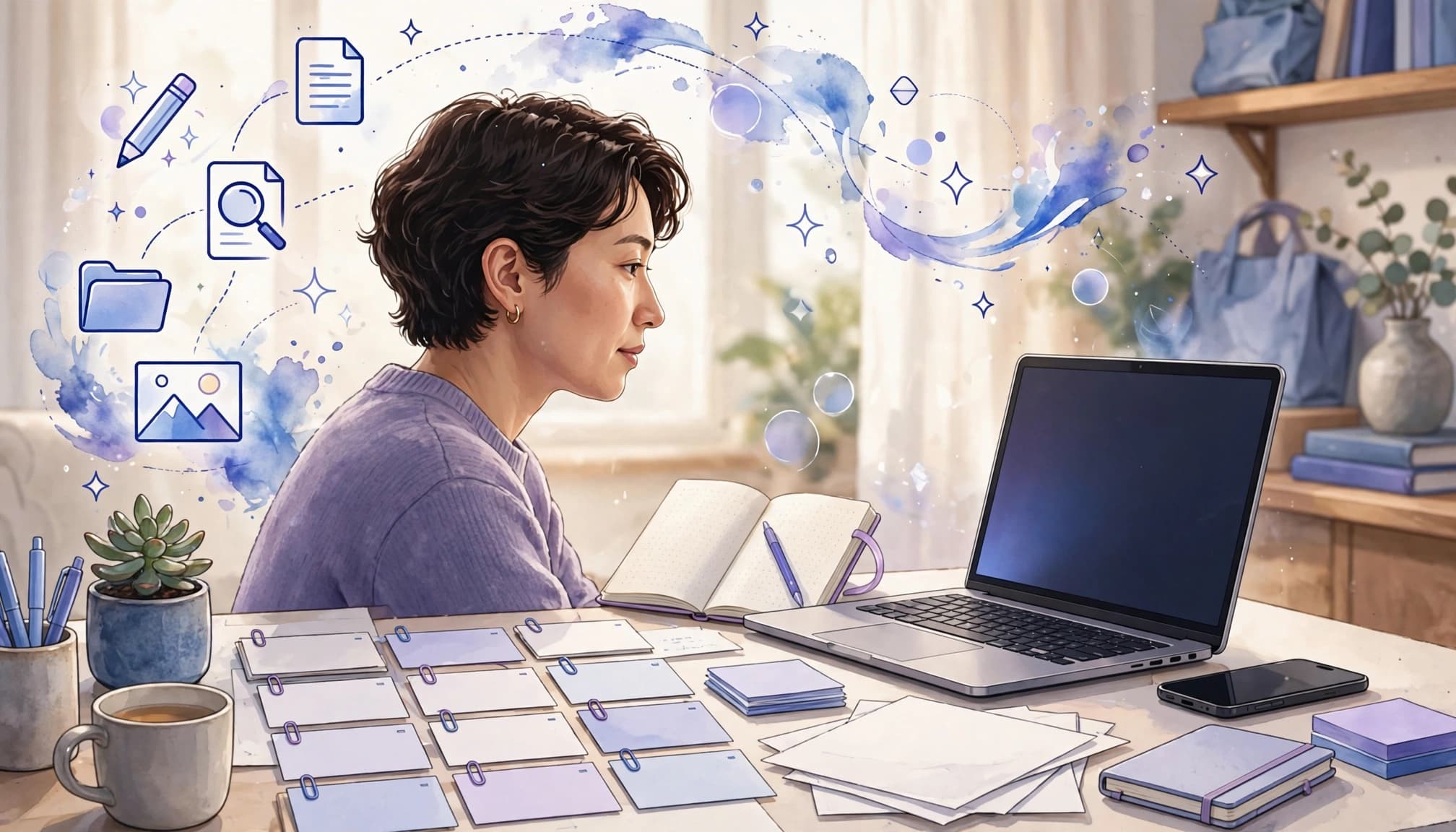 Person planning at a bright desk with a laptop, phone, notes, and notebook.
