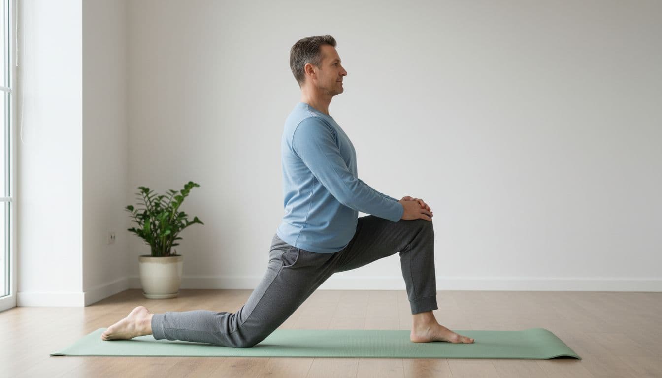Middle-aged man in athletic clothes performs 90/90 hip stretch on yoga mat in home living room, side view showing hip rotation with knees at 90 degrees, upright torso, and calm expression.