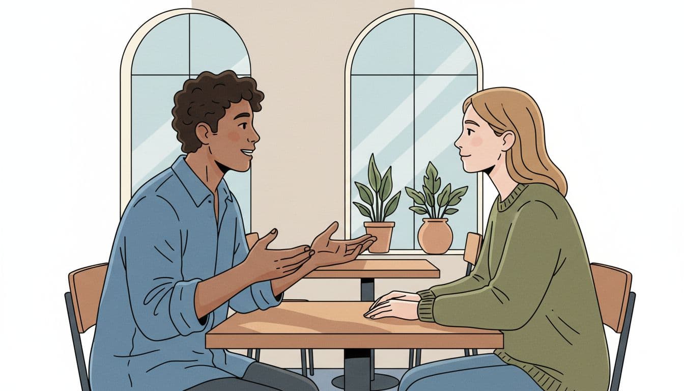 Two diverse adults in a quiet cafe setting, one sharing a story with open posture while the other listens intently with eye contact, subtle nod, and relaxed hands on the table.