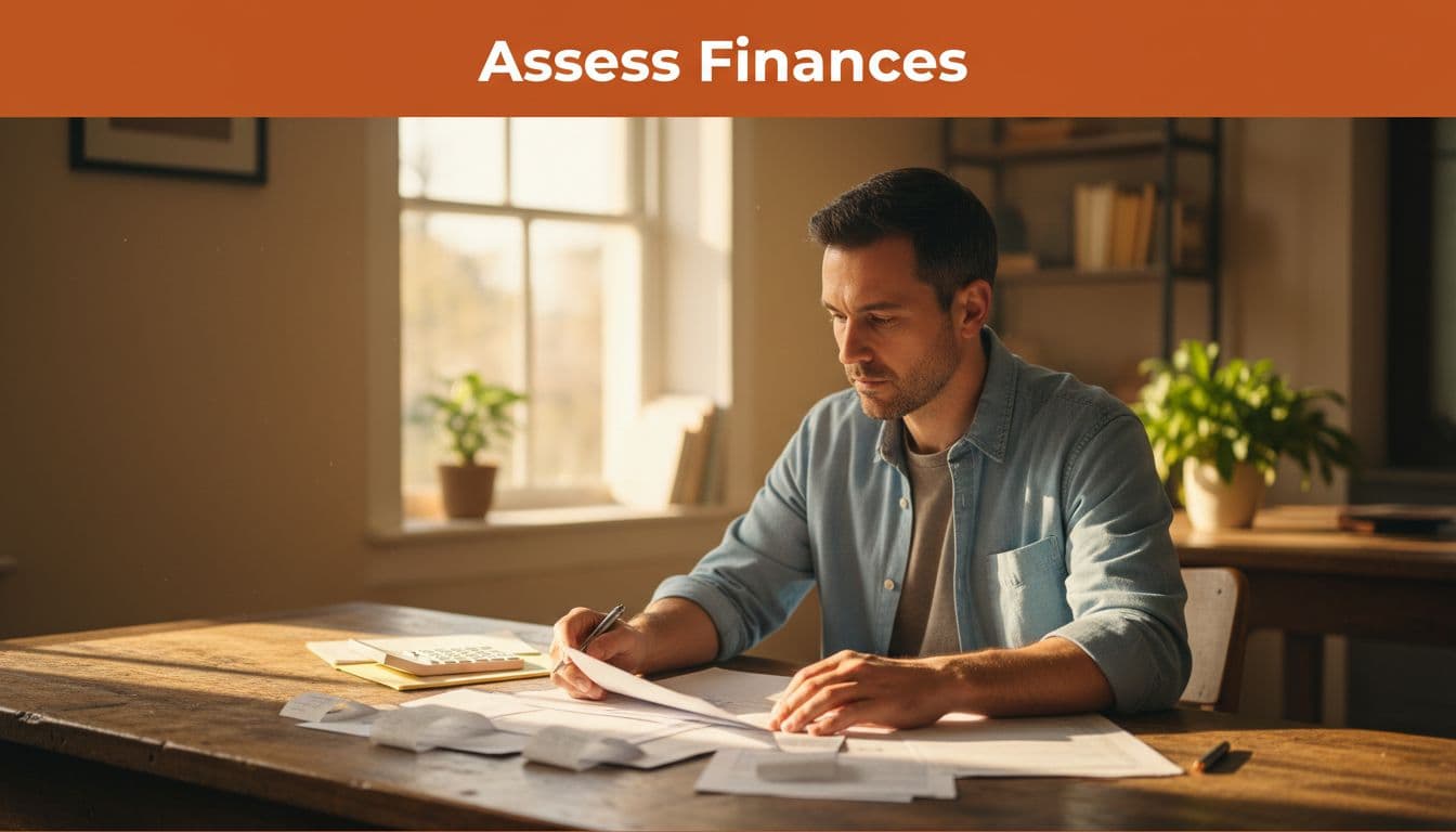 A man in his late 30s with short hair and casual button-up shirt sits focused at a rustic wooden desk in a cozy home office, reviewing printed bank statements and receipts with a calculator nearby, warm light filtering through the window. Bold editorial headline 'Assess Finances' in an orange band at the top.