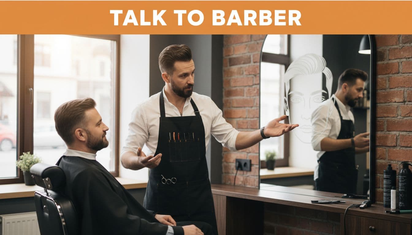 Barber consulting with client over 30, pointing to face shape diagram on mirror in modern barbershop with soft natural light. Bold 'Talk to Barber' headline on orange band at top, conversational pose emphasizing effective communication.