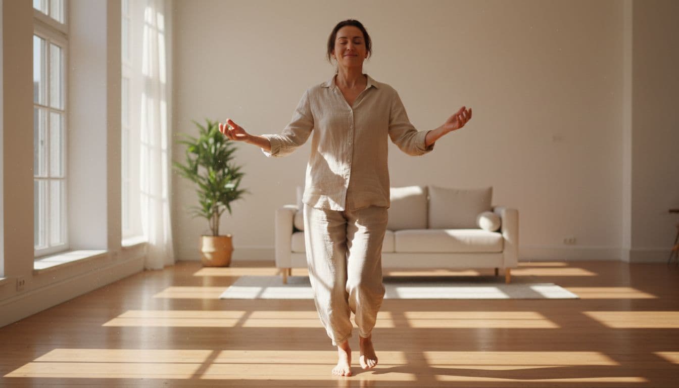 How to Release Stored Stress From the Body Safely and Gently 2 A barefoot adult stands in a bright spacious living room with wooden floor, gently shaking hands from wrists then arms and legs from ankles upward in a loose relaxed posture with a soft smile.
