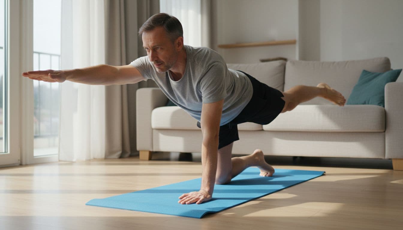 Middle-aged man over 30 in t-shirt and shorts performs bird dog exercise on yoga mat in living room, right arm extended forward and right leg back, neutral spine, focused expression, realistic indoor photo.
