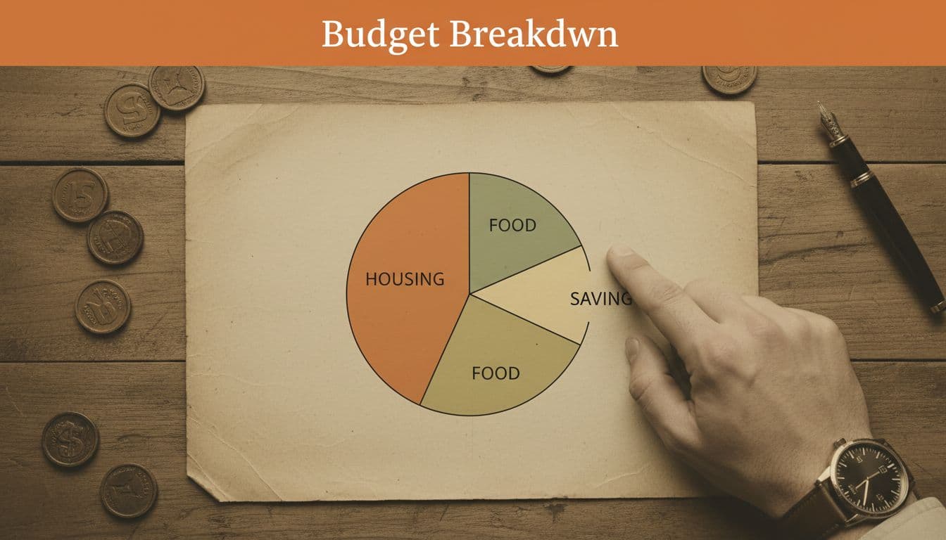 Simple budget pie chart drawn on paper featuring categories like housing, food, and savings, with a man's hand loosely pointing to the savings slice on a rustic table in a minimalist editorial style.