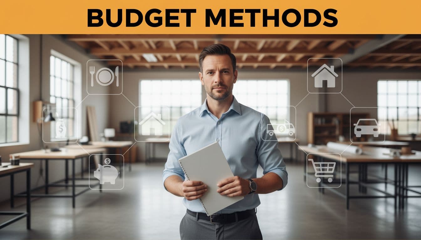 A confident man over 30 holds a simple budget planner notebook in a modern workshop with natural light and faint icons of money categories like food, housing, and savings in the background. Photorealistic landscape image featuring a bold 'Budget Methods' headline on an orange band at the top.