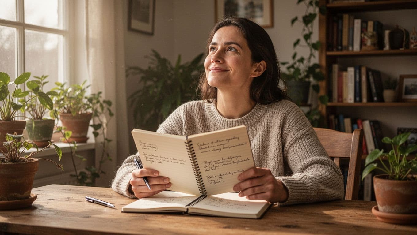 A calm person sits relaxed at a wooden desk in a cozy room with soft morning light, holding an open notebook with handwritten notes and a pen nearby, gazing reflectively with a gentle smile.