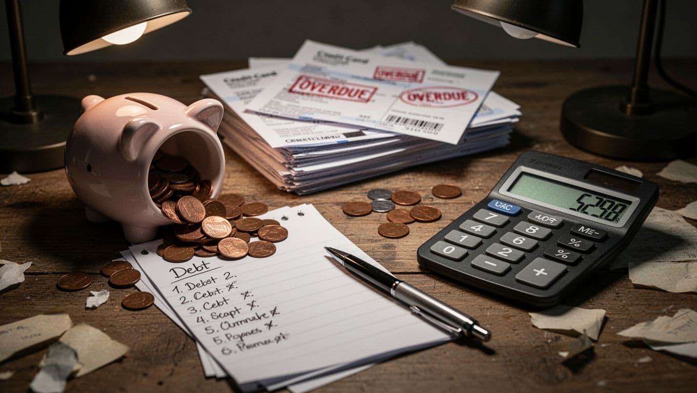 Top-down landscape view of a cluttered wooden desk with stacked overdue credit card bills, tipped-over piggy bank spilling pennies, calculator showing high number, pen and notepad with vague debt scribbles, under dim lamp light in muted tones emphasizing financial stress, realistic still life photography.