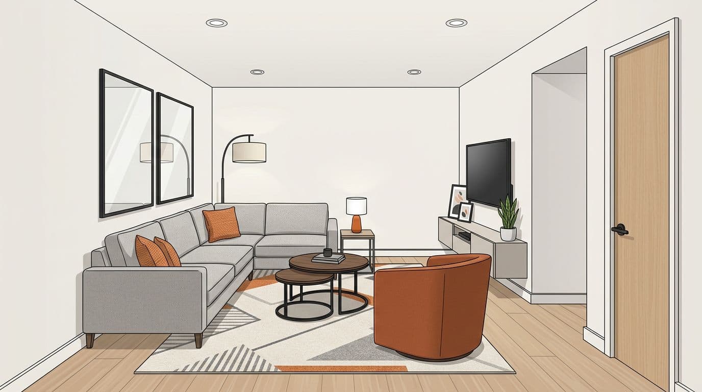 High-resolution illustration in modern editorial style of a small man cave featuring a wall-hugging L-shaped sofa, armless tub chair, nesting tables, patterned rug, lamps, wall-mounted TV, and mirrors with orange accents on neutral tones.