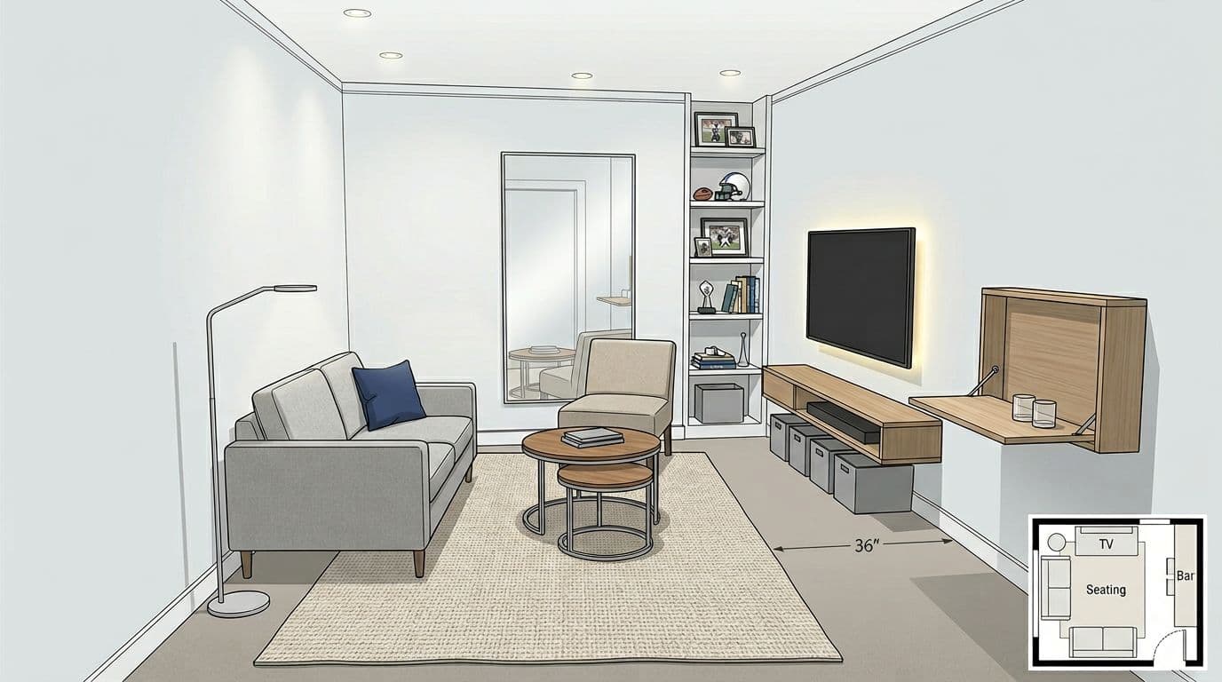 Modern editorial-style illustration of a small 10x12 ft man cave designed to feel larger with space-saving furniture, wall-mounted TV, fold-down desk-bar, mirrors, and layered lighting in a neutral palette.