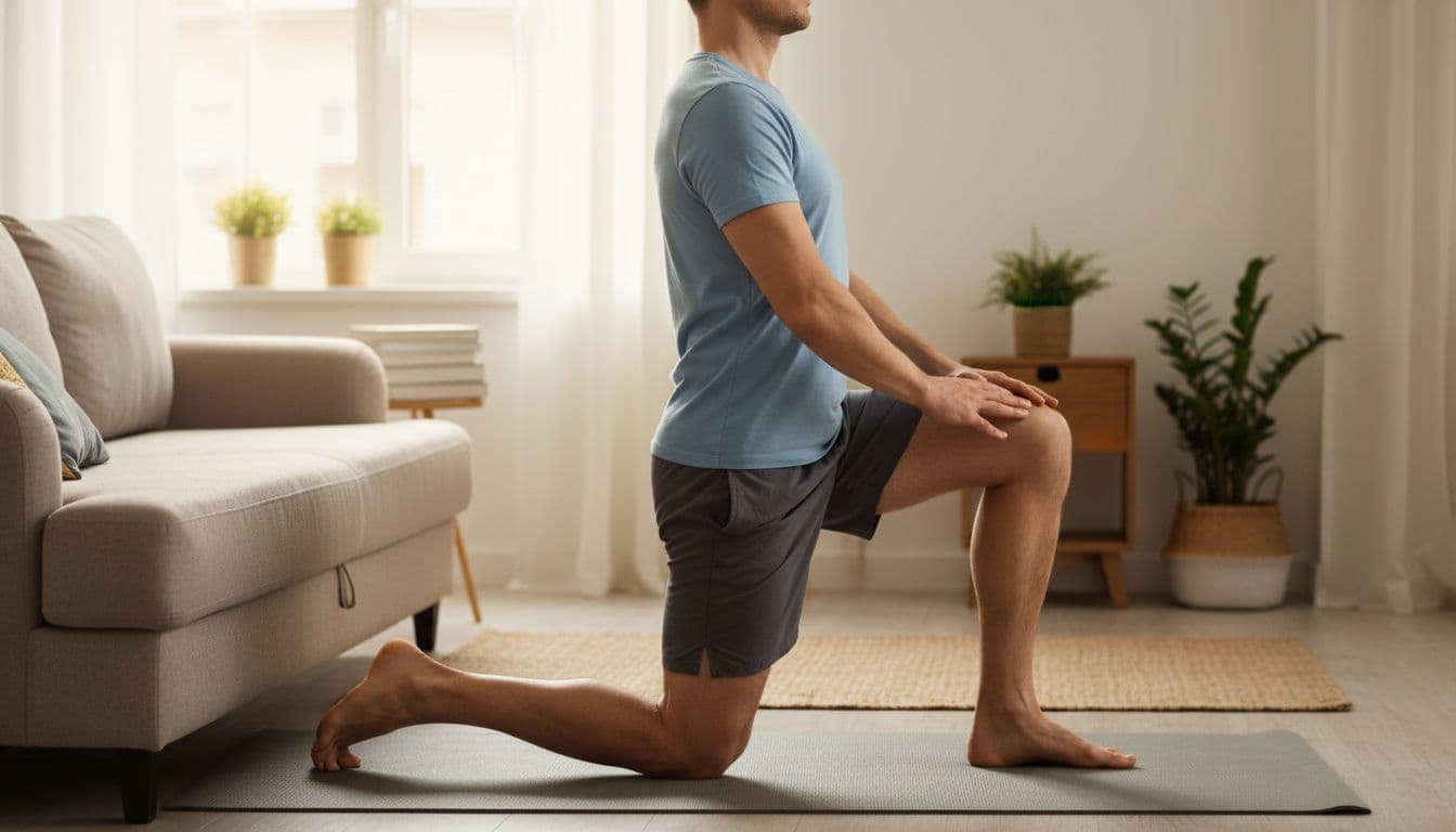 Middle-aged man in athletic wear performs couch hip flexor stretch at home in side profile view with proper form: back knee on floor, back foot elevated on couch, front foot planted, hands relaxed on front knee, torso upright.