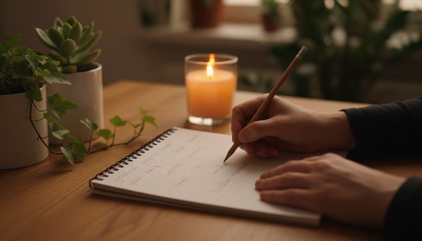 When Positive Affirmations Don't Feel True, Try a Gentler Approach 1 Close-up of two relaxed hands holding a pencil loosely and writing simple neutral affirmations like gradual progress notes in an open notebook on a cozy desk with plants and candlelight. Photorealistic style features warm inviting lighting and soft focus background, with no people above the waist and no extra objects.