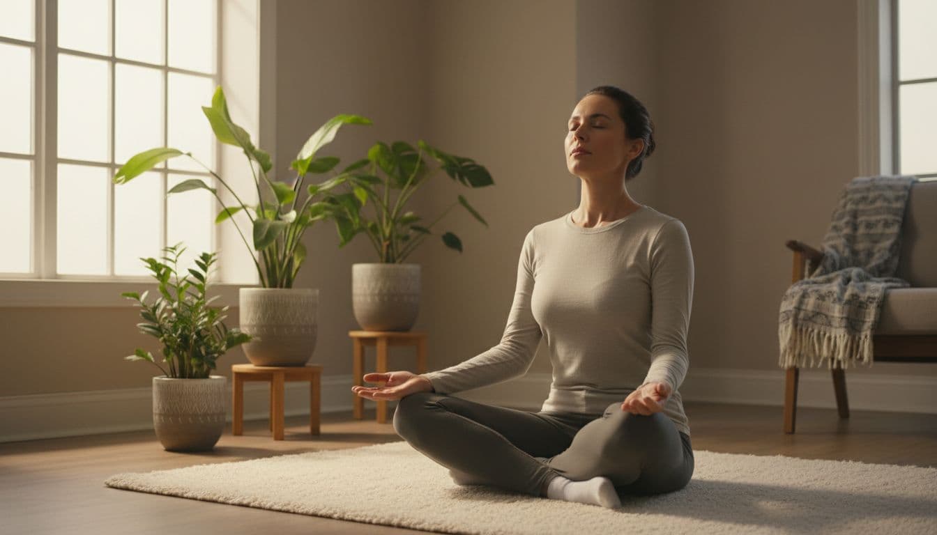 How to Release Stored Stress From the Body Safely and Gently 1 A single adult sits cross-legged on a soft mat in a calm home room with plants and soft window light, hands on knees, eyes closed, shoulders relaxed, focusing on slow deep breathing. Realistic serene style with warm natural lighting emphasizing peaceful posture.