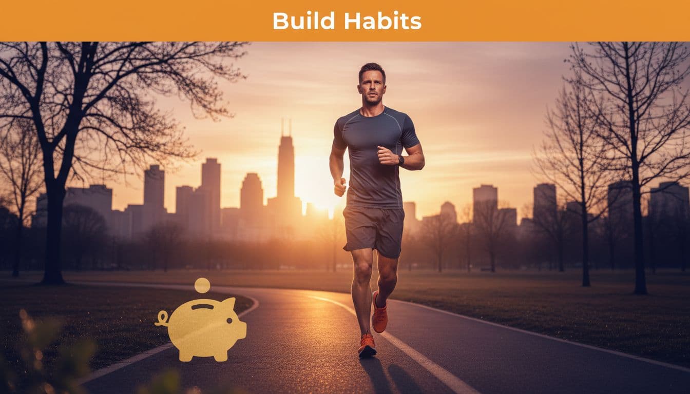 A fit man over 30 jogs determinedly outdoors at dawn on a city park path, subtle piggy bank icon in foreground symbolizing budgeting. Top orange band with 'Build Habits' headline illustrates discipline through active lifestyle analogy.
