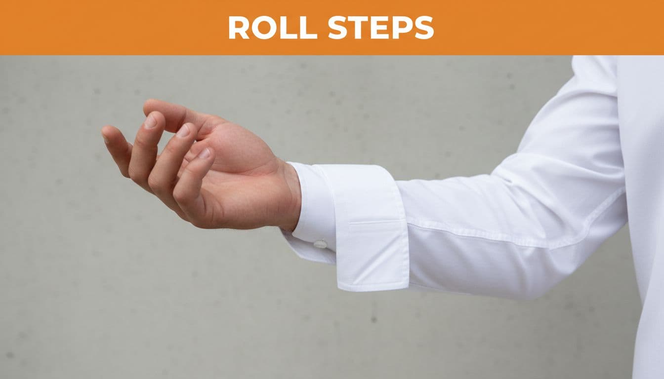 Close-up of a man's forearms demonstrating the mid-step of rolling a dress shirt sleeve, with the white cuff folded twice neatly and securely above the elbow. Detailed realistic photo with soft lighting, neutral background, and bold 'Roll Steps' headline in orange band at the top.