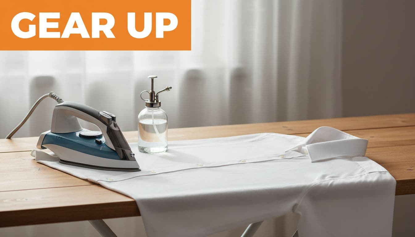 Ironing board setup with steam iron, spray bottle, and white dress shirt laid flat on a wooden surface in a home setting, featuring a bold 'Gear Up' headline on an orange band at the top.