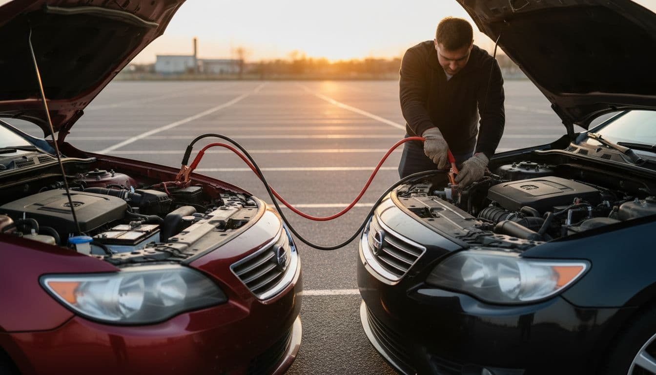 In a parking lot at dusk, a man wearing work gloves carefully attaches the positive clamp of thick jumper cables from a red donor car's battery to the dead black car's battery, with warm evening light casting long shadows.