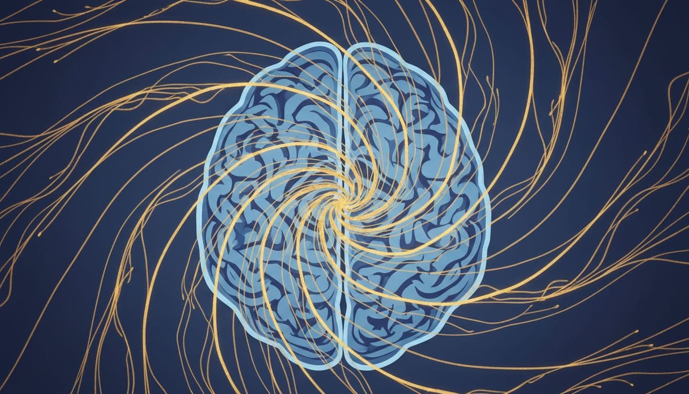 How Gratitude Rewires Your Brain for Positivity 1 Modern illustration of a human brain cross-section featuring glowing neural pathways in warm golden light forming positive swirling patterns, representing neural rewiring through gratitude.