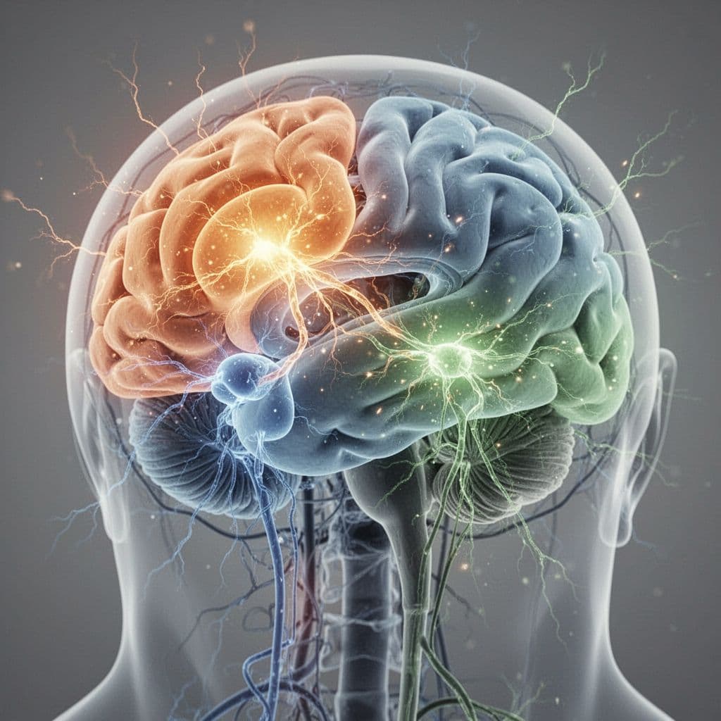 How Gratitude Rewires Your Brain for Positivity (Without Pretending Life Is Perfect) 1 Close-up semi-transparent human brain highlighting prefrontal cortex in orange for emotion regulation, amygdala in blue for stress reduction, and anterior cingulate cortex in green for empathy, with sparking neural pathways on a neutral gray background. Photorealistic medical illustration with soothing mood.