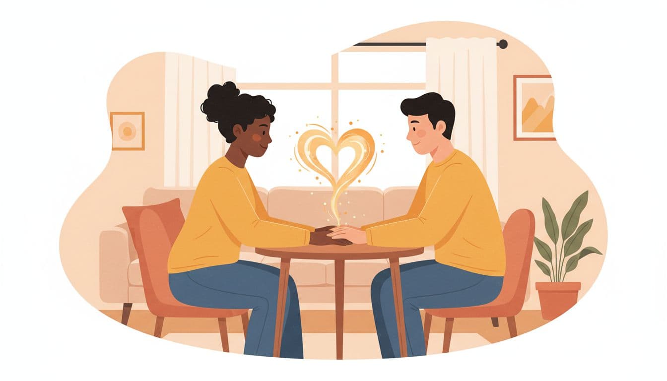 Could Gratitude Be the Key to Stronger Relationships? 1 Two diverse adults facing each other across a small table in a cozy home, holding hands with soft glowing light connecting their palms, symbolizing emotional bond from gratitude in modern illustration style.