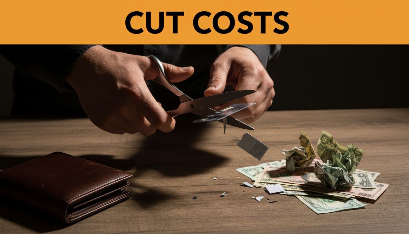Close-up of hands cutting a credit card with scissors on a table, wallet and bills nearby, dramatic lighting, bold 'Cut Costs' headline.