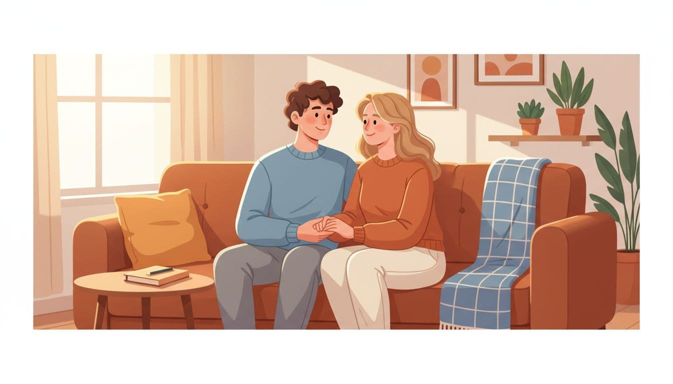 Is Gratitude the Secret to Stronger Relationships? 1 Modern illustration of a happy couple sitting together on a cozy couch in a warmly lit living room, holding hands and smiling gratefully with a journal nearby.