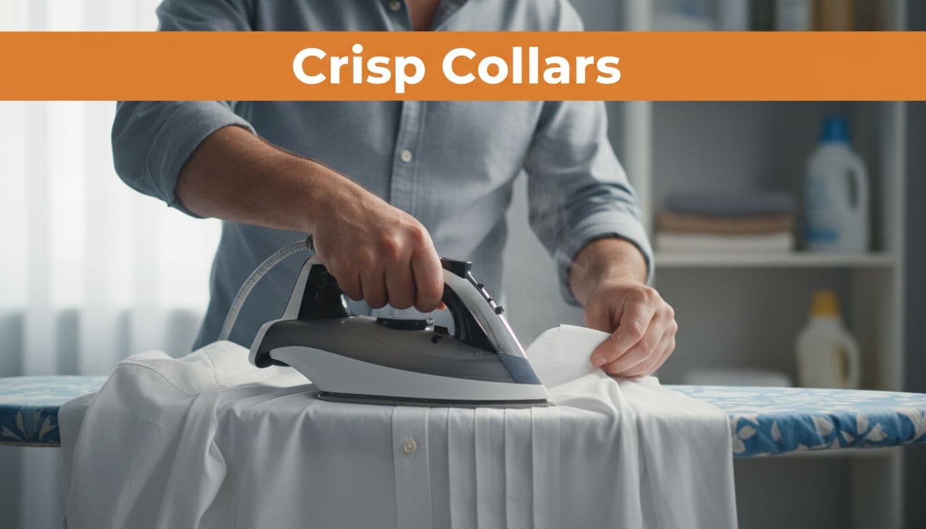 Close-up of one man over thirty carefully ironing a white dress shirt collar flat with a steam iron on an ironing board in a home laundry room, high detail on fabric folds under natural lighting.