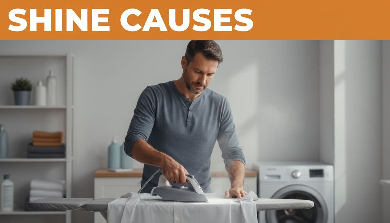 A man over 30 in a clean modern home laundry room irons a white dress shirt on an ironing board using a steam iron with visible rising steam, focused expression under natural indoor lighting. Bold editorial-style headline 'Shine Causes' in Title Case placed in an edge-to-edge horizontal #F97316 color band near the top, with consistent bold geometric sans-serif typography.