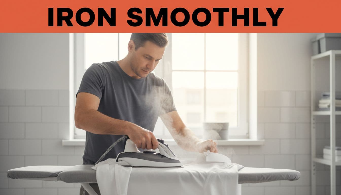 One man over 30 ironing the popped-up collar of a white dress shirt on a padded board using a steam iron lightly with constant motion in a bright laundry room, demonstrating technique to avoid shine.