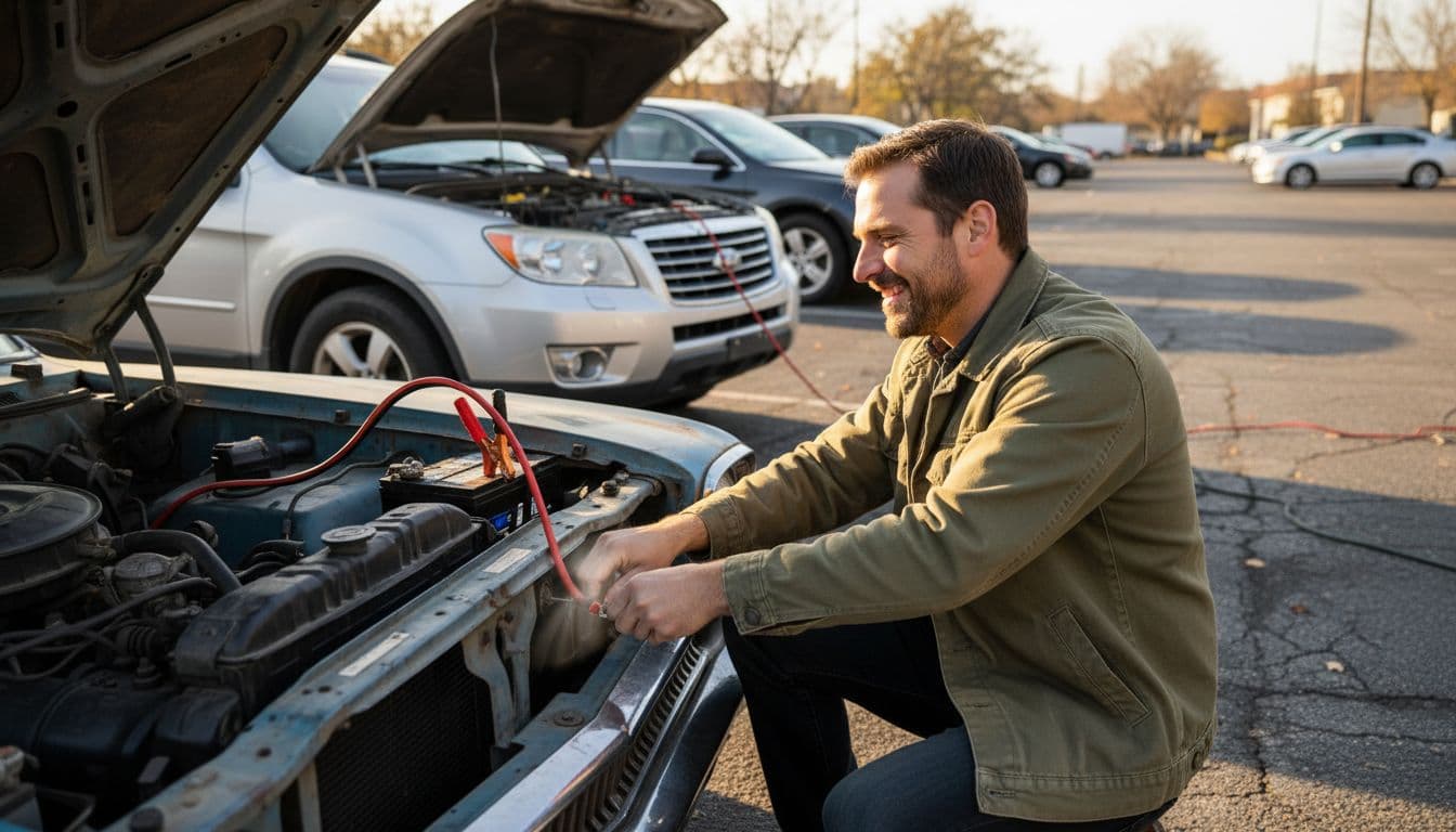A man in a casual jacket turns the key to start the engine of a previously dead car, with jumper cables still connected to a donor car in the background, showing a glow of success on his face in a sunny parking lot.