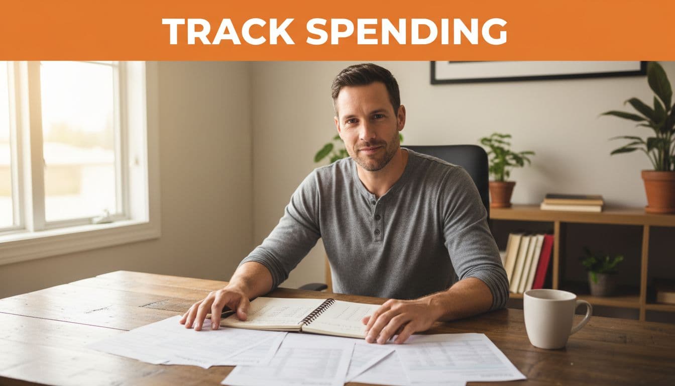 A confident man in his 30s reviews printed bank statements and expense notebook at a wooden home office desk, with coffee mug and natural daylight, in realistic photo style. Bold 'Track Spending' headline on edge-to-edge orange band near top.