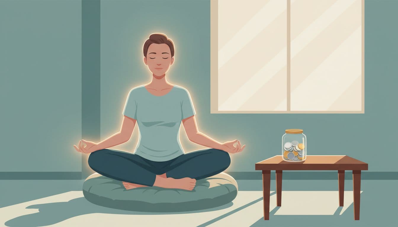 How to Save Money on a Tight Budget Without Feeling Deprived 2 One calm person seated cross-legged on a floor cushion in a peaceful room, eyes closed in meditation surrounded by a subtle glowing energy aura, with a small glass savings jar containing coins on a nearby low table. Serene atmosphere with soft diffused lighting in modern illustration style using soft blues, greens, and warm neutrals.